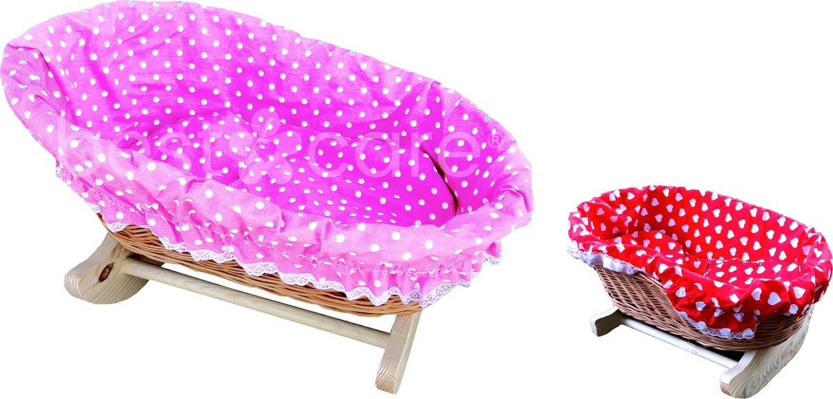 BestCare® Rieten poppenwieg | Kinderspeelgoed | 47x31x20/28cm | Wilg naturel | Roze gestippeld beddengoed | Poppenwip, teddyberen | Kerstcadeau, Verjaardag | EU product